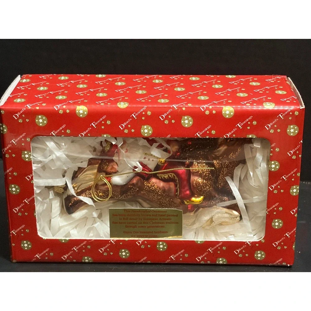 RARE Handcrafted Dillard's Trimmings Glass Ornament Santa Riding Bull Cowboy